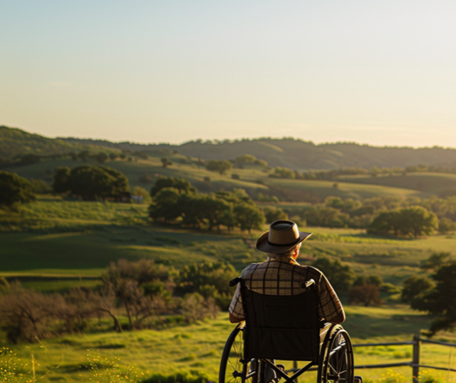 A man in a cowboy hat and wheelchair looking out over the Texas Hill Country at sunset
